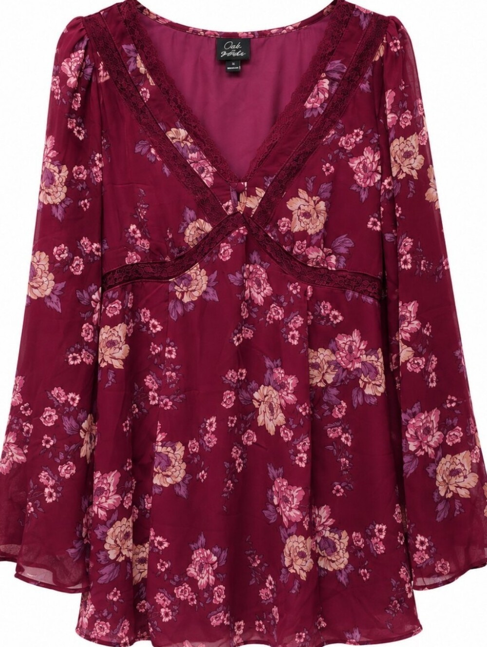 Women's Size XL Burgundy Floral Long-Sleeve Flowing Dress